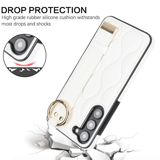 For Samsung Galaxy S23+ Non-slip Full Coverage Ring PU Phone Case with Wristband(White)