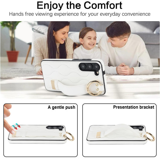 For Samsung Galaxy S23+ Non-slip Full Coverage Ring PU Phone Case with Wristband(White)