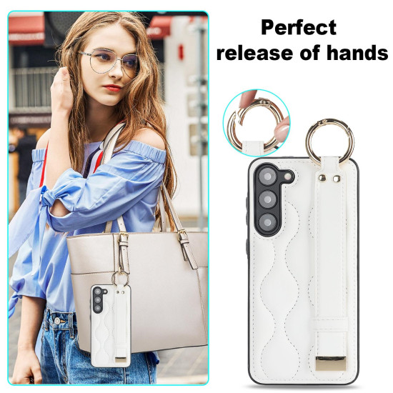 For Samsung Galaxy S23+ Non-slip Full Coverage Ring PU Phone Case with Wristband(White)