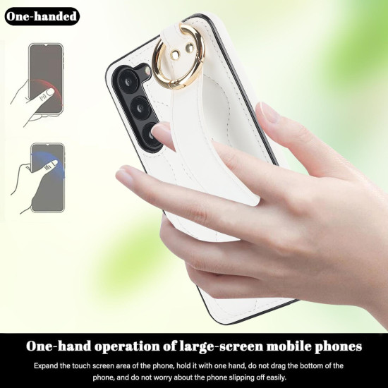 For Samsung Galaxy S23+ Non-slip Full Coverage Ring PU Phone Case with Wristband(White)