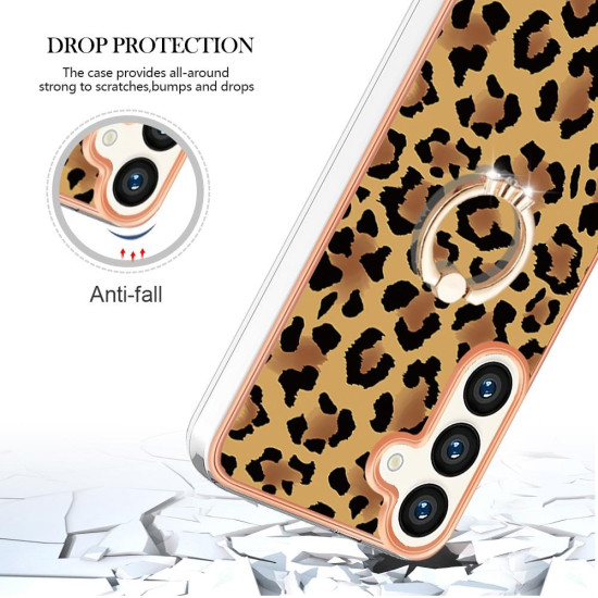 For Samsung Galaxy S24+ 5G Electroplating Dual-side IMD Phone Case with Ring Holder(Leopard Print)