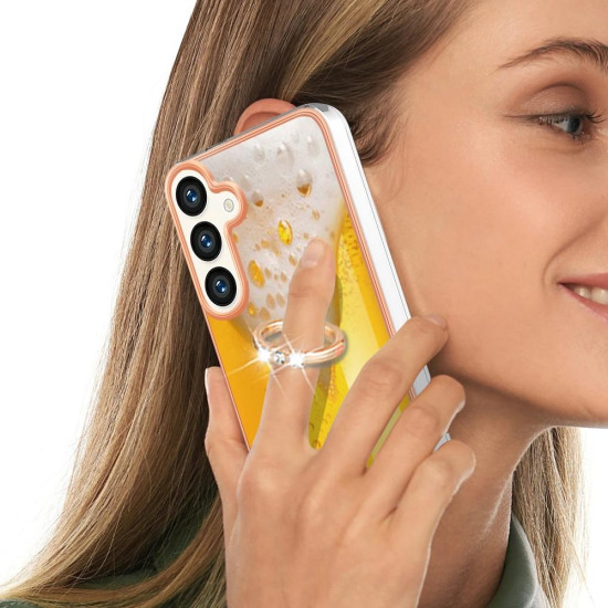For Samsung Galaxy S24+ 5G Electroplating Dual-side IMD Phone Case with Ring Holder(Draft Beer)