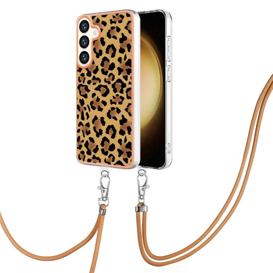 For Samsung Galaxy S24+ 5G Electroplating Dual-side IMD Phone Case with Lanyard(Leopard Print)