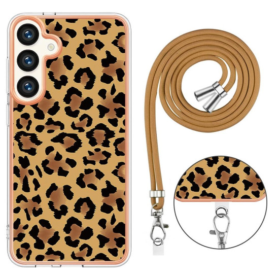For Samsung Galaxy S24+ 5G Electroplating Dual-side IMD Phone Case with Lanyard(Leopard Print)