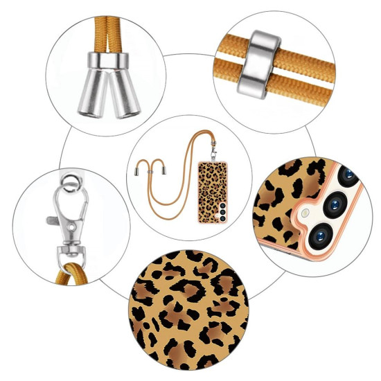 For Samsung Galaxy S24+ 5G Electroplating Dual-side IMD Phone Case with Lanyard(Leopard Print)