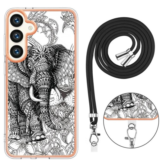 For Samsung Galaxy S24+ 5G Electroplating Dual-side IMD Phone Case with Lanyard(Totem Elephant)