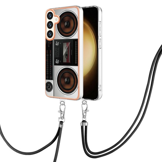 For Samsung Galaxy S24+ 5G Electroplating Dual-side IMD Phone Case with Lanyard(Retro Radio)
