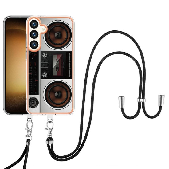 For Samsung Galaxy S24+ 5G Electroplating Dual-side IMD Phone Case with Lanyard(Retro Radio)