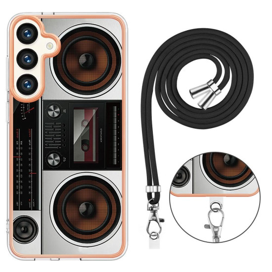 For Samsung Galaxy S24+ 5G Electroplating Dual-side IMD Phone Case with Lanyard(Retro Radio)