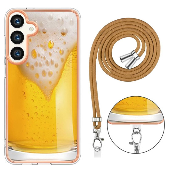 For Samsung Galaxy S24+ 5G Electroplating Dual-side IMD Phone Case with Lanyard(Draft Beer)