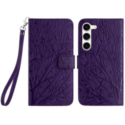 For Samsung Galaxy S23 Tree Birds Embossed Pattern Leather Phone Case(Purple)