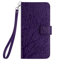 For Samsung Galaxy S23 Tree Birds Embossed Pattern Leather Phone Case(Purple)