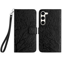 For Samsung Galaxy S23 Tree Birds Embossed Pattern Leather Phone Case(Black)