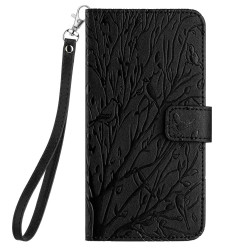 For Samsung Galaxy S23 Tree Birds Embossed Pattern Leather Phone Case(Black)