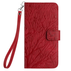 For Samsung Galaxy S23+ Tree Birds Embossed Pattern Leather Phone Case(Red)