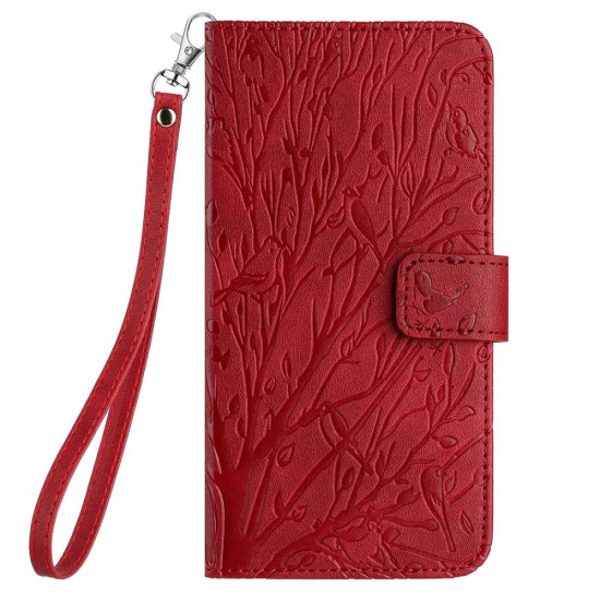 For Samsung Galaxy S23+ Tree Birds Embossed Pattern Leather Phone Case(Red)