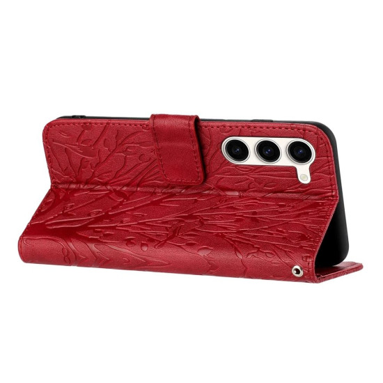 For Samsung Galaxy S23+ Tree Birds Embossed Pattern Leather Phone Case(Red)