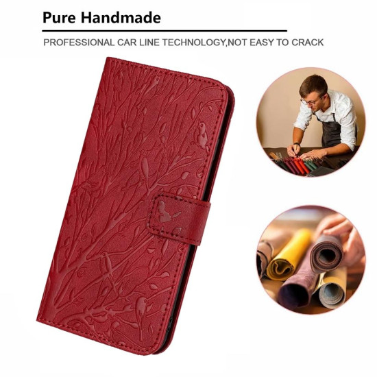 For Samsung Galaxy S23+ Tree Birds Embossed Pattern Leather Phone Case(Red)