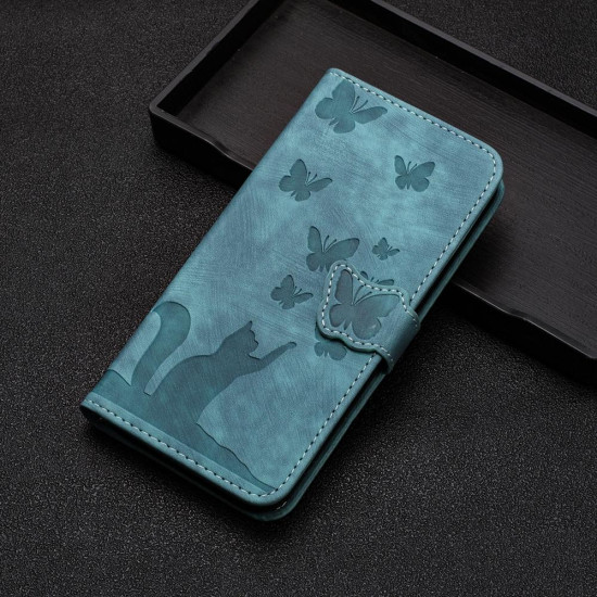 For Samsung Galaxy S24+ 5G Butterfly Cat Embossing Flip Leather Phone Case(Wathet)