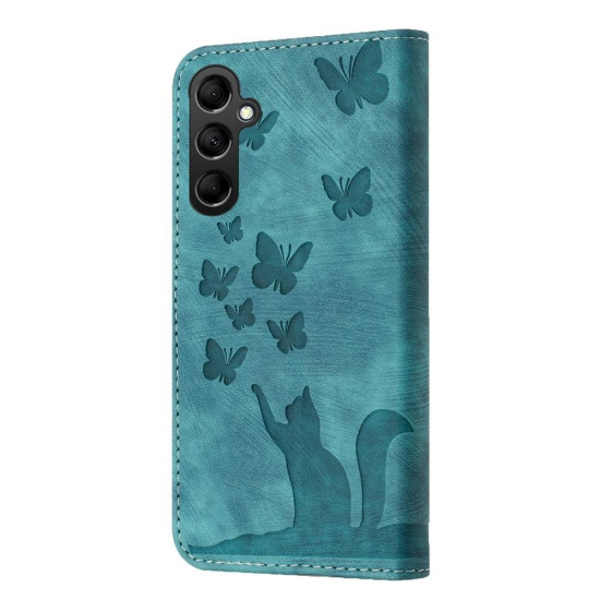 For Samsung Galaxy S24+ 5G Butterfly Cat Embossing Flip Leather Phone Case(Wathet)