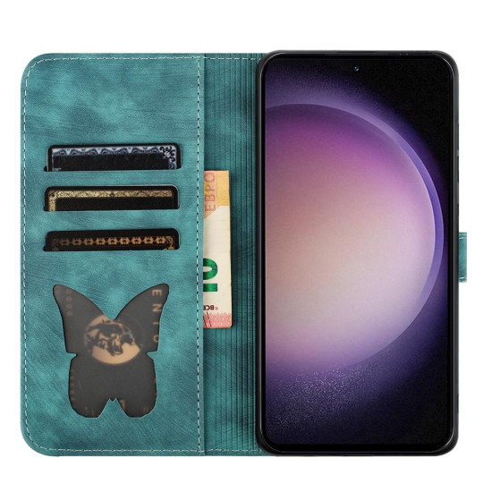 For Samsung Galaxy S24+ 5G Butterfly Cat Embossing Flip Leather Phone Case(Wathet)