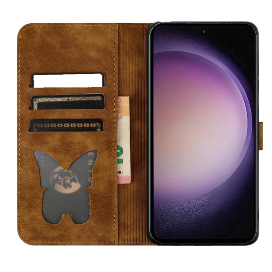 For Samsung Galaxy S24+ 5G Butterfly Cat Embossing Flip Leather Phone Case(Brown)