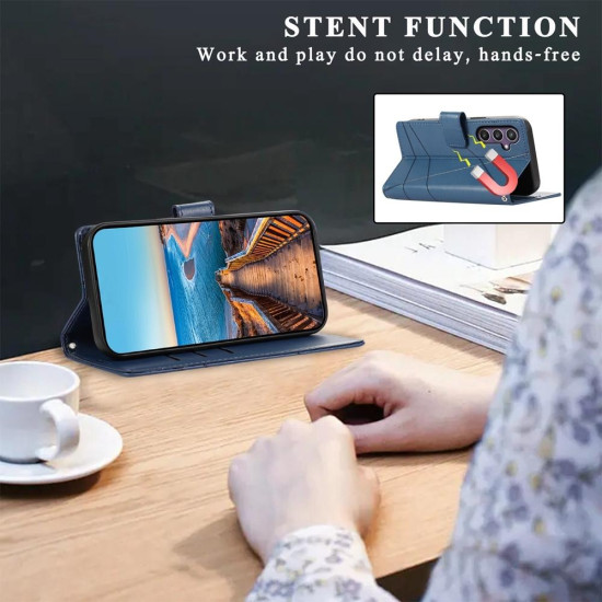 For Samsung Galaxy S24+ 5G PU Genuine Leather Texture Embossed Line Phone Case(Blue)