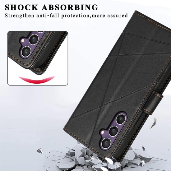 For Samsung Galaxy S24+ 5G PU Genuine Leather Texture Embossed Line Phone Case(Black)