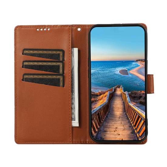 For Samsung Galaxy S24+ 5G PU Genuine Leather Texture Embossed Line Phone Case(Brown)