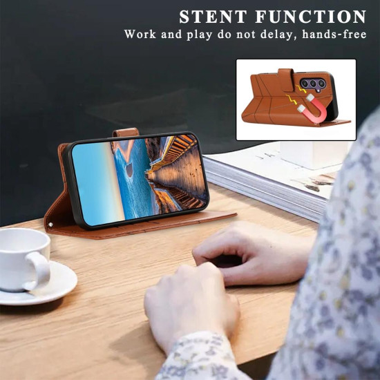 For Samsung Galaxy S24+ 5G PU Genuine Leather Texture Embossed Line Phone Case(Brown)