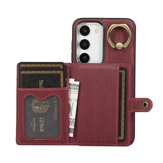 For Samsung Galaxy Galaxy S23+ 5G Brushed Texture Wallet Ring Holder Phone Case(Dark Red)