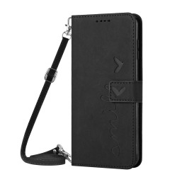 For Samsung Galaxy S24+ Skin Feel Heart Embossed Leather Phone Case with Long Lanyard(Black)