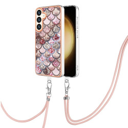 For Samsung Galaxy S24+ 5G Electroplating Pattern IMD TPU Shockproof Case with Neck Lanyard(Pink Scales)