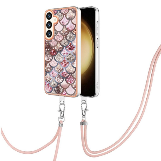 For Samsung Galaxy S24+ 5G Electroplating Pattern IMD TPU Shockproof Case with Neck Lanyard(Pink Scales)
