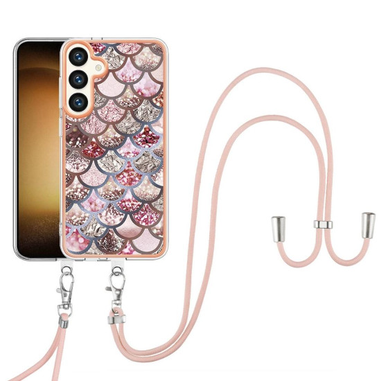 For Samsung Galaxy S24+ 5G Electroplating Pattern IMD TPU Shockproof Case with Neck Lanyard(Pink Scales)