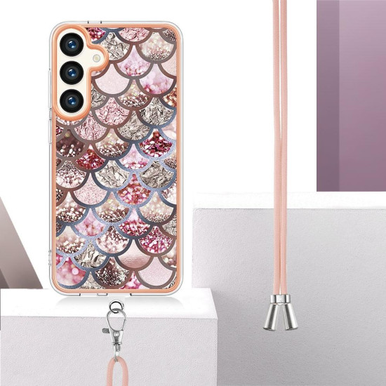 For Samsung Galaxy S24+ 5G Electroplating Pattern IMD TPU Shockproof Case with Neck Lanyard(Pink Scales)