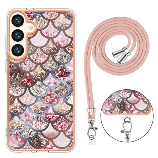 For Samsung Galaxy S24+ 5G Electroplating Pattern IMD TPU Shockproof Case with Neck Lanyard(Pink Scales)