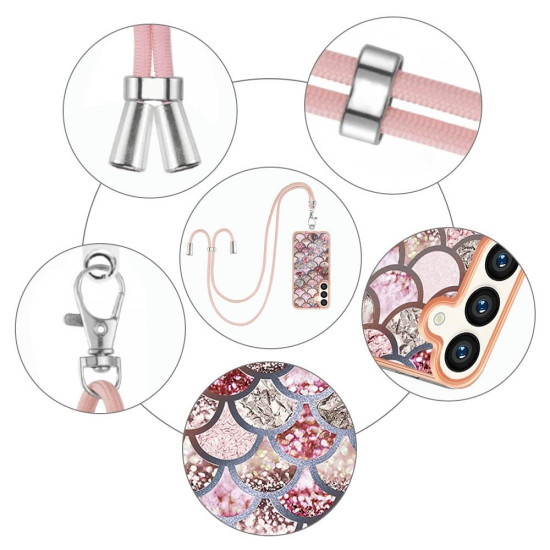For Samsung Galaxy S24+ 5G Electroplating Pattern IMD TPU Shockproof Case with Neck Lanyard(Pink Scales)