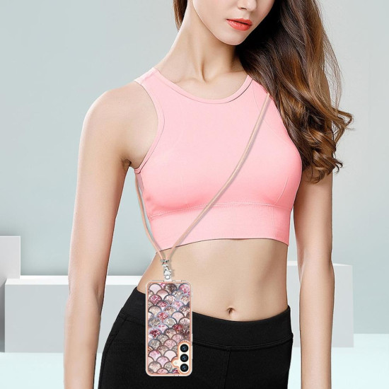 For Samsung Galaxy S24+ 5G Electroplating Pattern IMD TPU Shockproof Case with Neck Lanyard(Pink Scales)