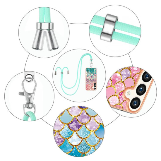 For Samsung Galaxy S24+ 5G Electroplating Pattern IMD TPU Shockproof Case with Neck Lanyard(Colorful Scales)
