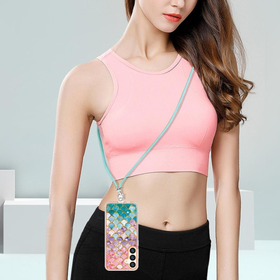 For Samsung Galaxy S24+ 5G Electroplating Pattern IMD TPU Shockproof Case with Neck Lanyard(Colorful Scales)