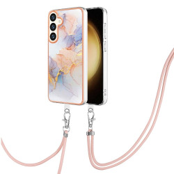 For Samsung Galaxy S24+ 5G Electroplating Pattern IMD TPU Shockproof Case with Neck Lanyard(Milky Way White Marble)