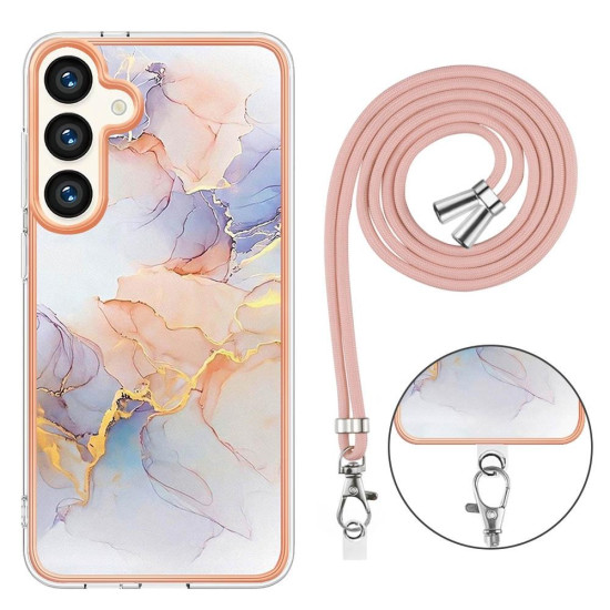For Samsung Galaxy S24+ 5G Electroplating Pattern IMD TPU Shockproof Case with Neck Lanyard(Milky Way White Marble)