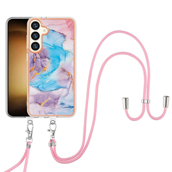 For Samsung Galaxy S24+ 5G Electroplating Pattern IMD TPU Shockproof Case with Neck Lanyard(Milky Way Blue Marble)