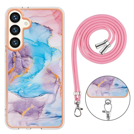 For Samsung Galaxy S24+ 5G Electroplating Pattern IMD TPU Shockproof Case with Neck Lanyard(Milky Way Blue Marble)