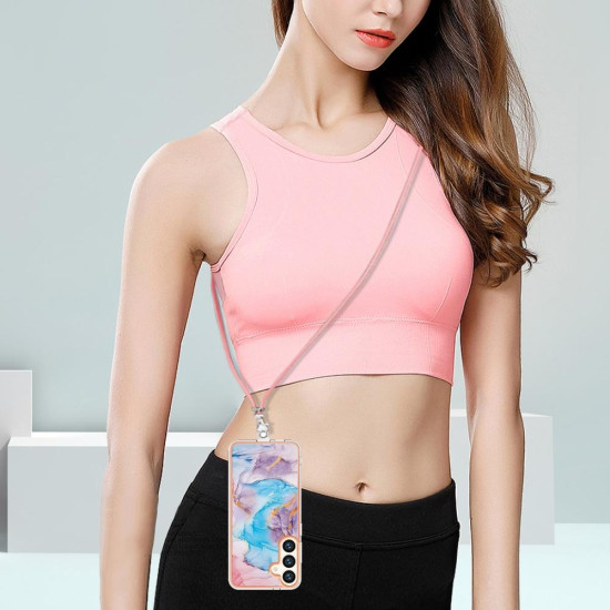 For Samsung Galaxy S24+ 5G Electroplating Pattern IMD TPU Shockproof Case with Neck Lanyard(Milky Way Blue Marble)