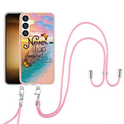 For Samsung Galaxy S24+ 5G Electroplating Pattern IMD TPU Shockproof Case with Neck Lanyard(Dream Chasing Butterfly)