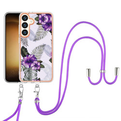 For Samsung Galaxy S24+ 5G Electroplating Pattern IMD TPU Shockproof Case with Neck Lanyard(Purple Flower)