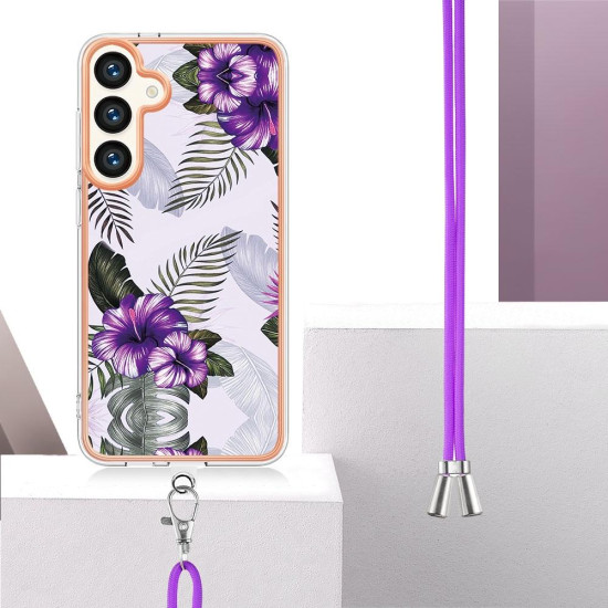 For Samsung Galaxy S24+ 5G Electroplating Pattern IMD TPU Shockproof Case with Neck Lanyard(Purple Flower)