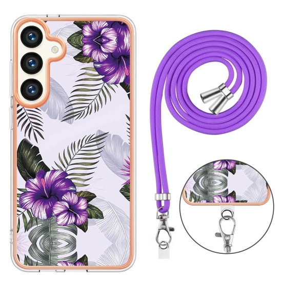For Samsung Galaxy S24+ 5G Electroplating Pattern IMD TPU Shockproof Case with Neck Lanyard(Purple Flower)